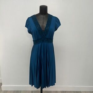 Teal Lace Trim Midi Dress | Empire Waist Flowy Dress | Romantic Elegant Style